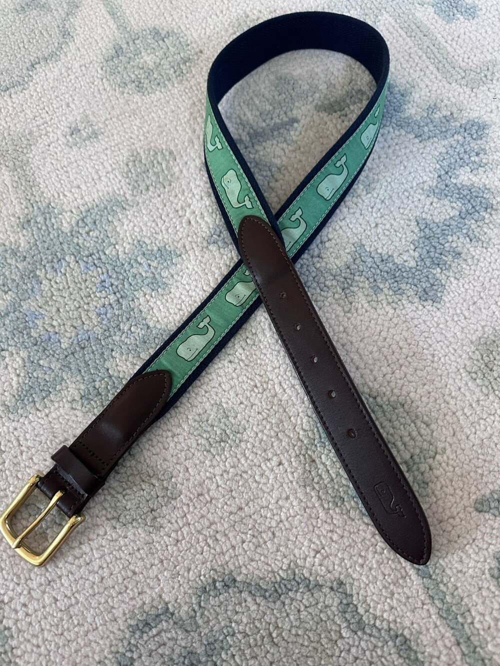 VINEYARD VINES Men's Whale Print Green Cotton Leather Belt Size 34 by Shep & Ian
